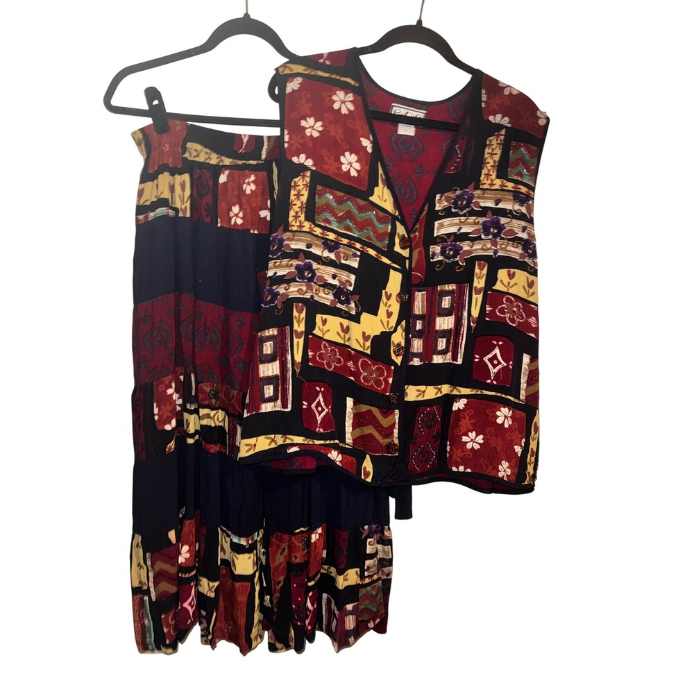 Vtg 90s We Be BOP 2 Piece Set Patchwork Floral Embroidered Vest & Maxi Skirt 1X